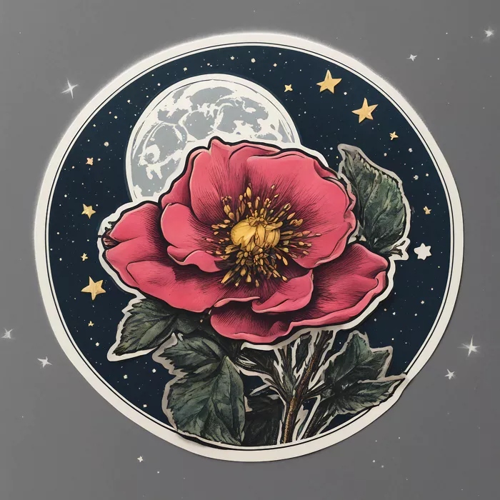 A rose blooming under moonlight and stars