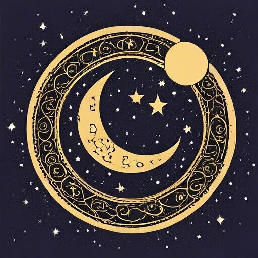 Gold crescent moon and stars emblem on dark sky